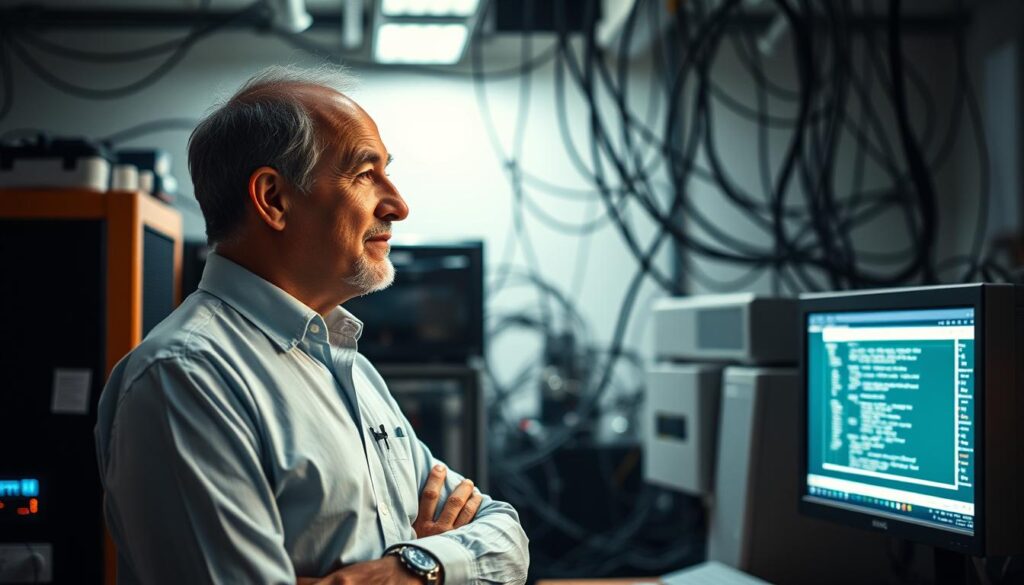 A portrait of Tim Berners-Lee, the inventor of the World Wide Web, standing in a well-lit research lab. Berners-Lee is shown in a thoughtful pose, gazing at a computer screen displaying a web browser window. In the background, a network of interconnected nodes and cables suggests the complex infrastructure of the early internet. Subtle lighting from above casts a warm glow, highlighting Berners-Lee's focused expression as he contemplates the revolutionary information-sharing system he created. The scene conveys a sense of innovation, scientific discovery, and the profound impact of Berners-Lee's pioneering work on modern communication and technology.