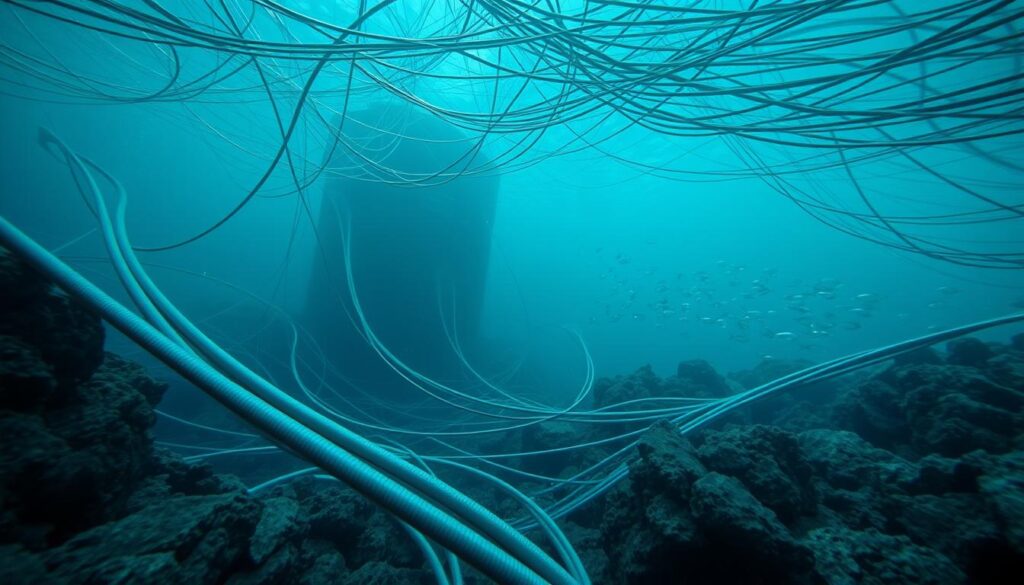 Underwater cable network: a vast, intricate mesh of fiber-optic conduits crisscrossing the ocean floor, carrying the lifeblood of global connectivity. In the foreground, thick cables snake between rocky outcroppings, their shielded exteriors gleaming under the muted, ambient light. Midground reveals the scale of this subaquatic infrastructure, with cables branching off in multiple directions, disappearing into the hazy blue depths. In the background, a school of silvery fish dart between the cables, adding a sense of natural activity to this technological landscape. The overall scene conveys the hidden, yet essential nature of the internet's physical foundations, lying just beneath the surface of the world's oceans.
