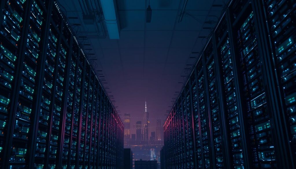 Vast server racks and glowing circuit boards against a shadowy backdrop, bathed in a cool, ethereal light. In the foreground, a towering data center with pulsing cables and blinking lights, its energy consumption dwarfing that of small towns. In the distance, the silhouettes of skyscrapers and satellite dishes, representing the interconnected global network. The scene conveys the immense, unseen power demands of the digital age, with the internet's energy footprint rivaling that of entire nations.